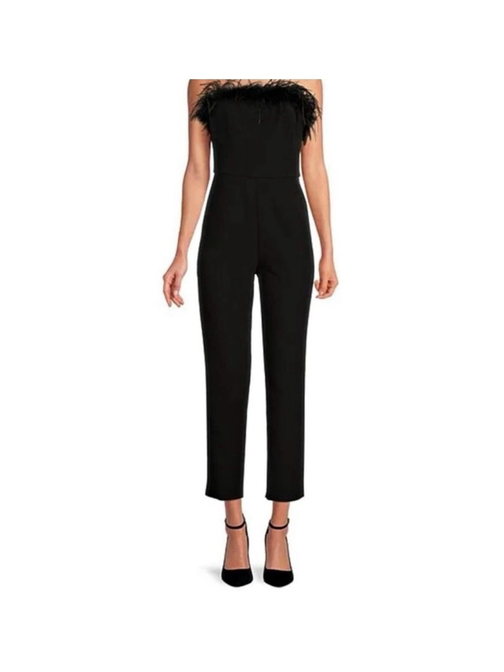 Gianni Bini Black Strapless Feather-Trim Jumpsuit
